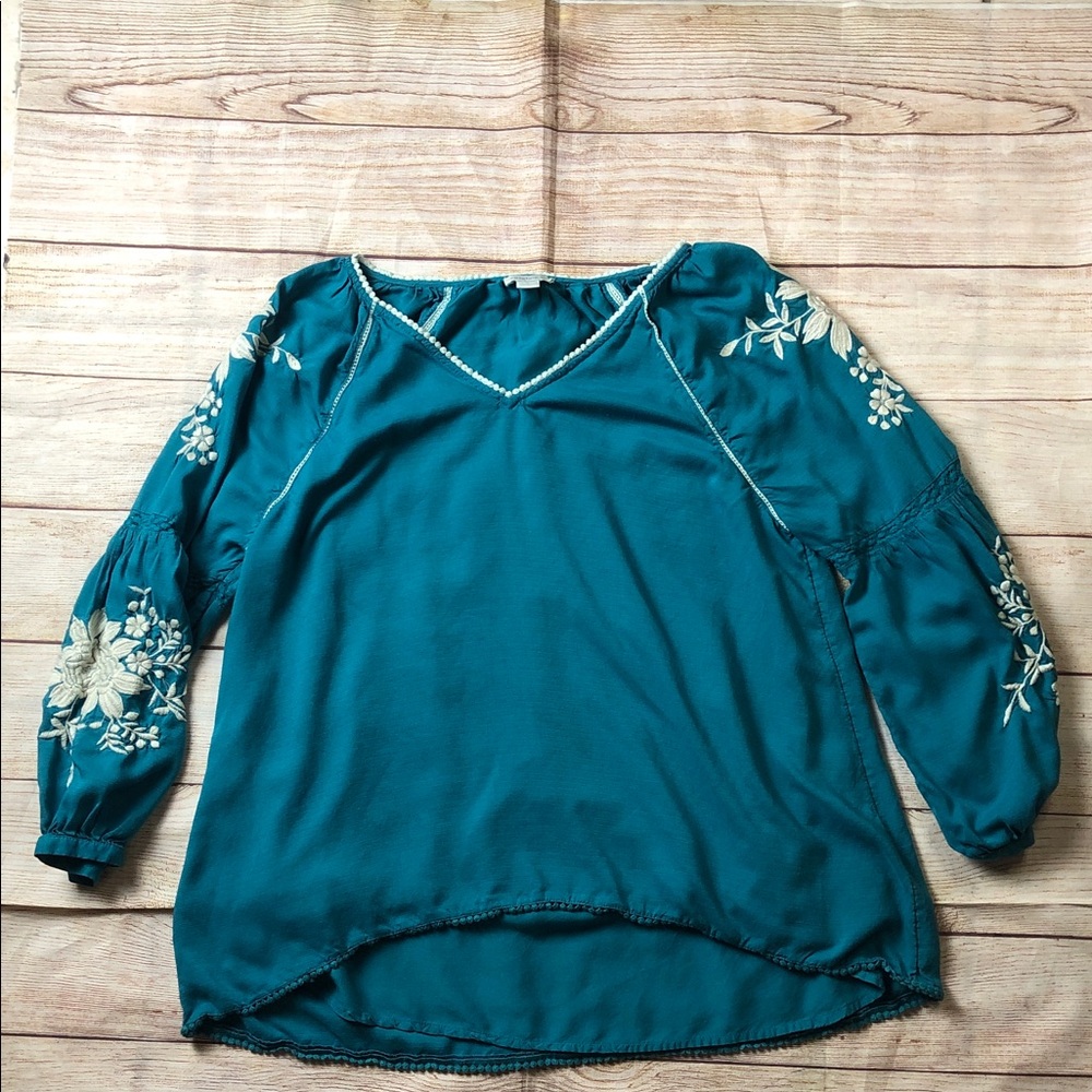Sundance Teal Embroidered V-Neck Blouse